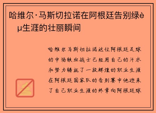 哈维尔·马斯切拉诺在阿根廷告别绿茵生涯的壮丽瞬间 哈维尔·马斯切拉诺在阿根廷告别绿茵生涯的壮丽瞬间